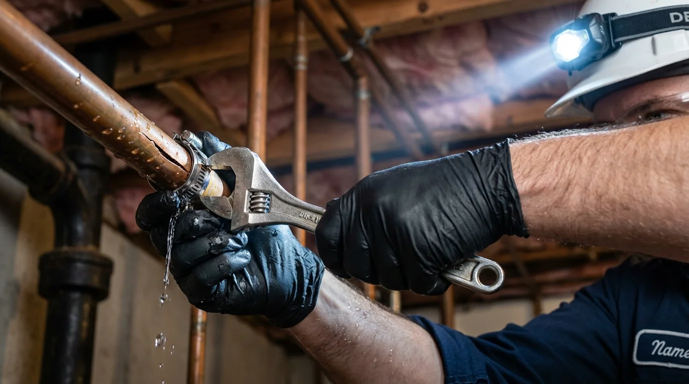 Emergency pipe clamp repair being performed by a Johns Plumbing LLC plumber in Owosso