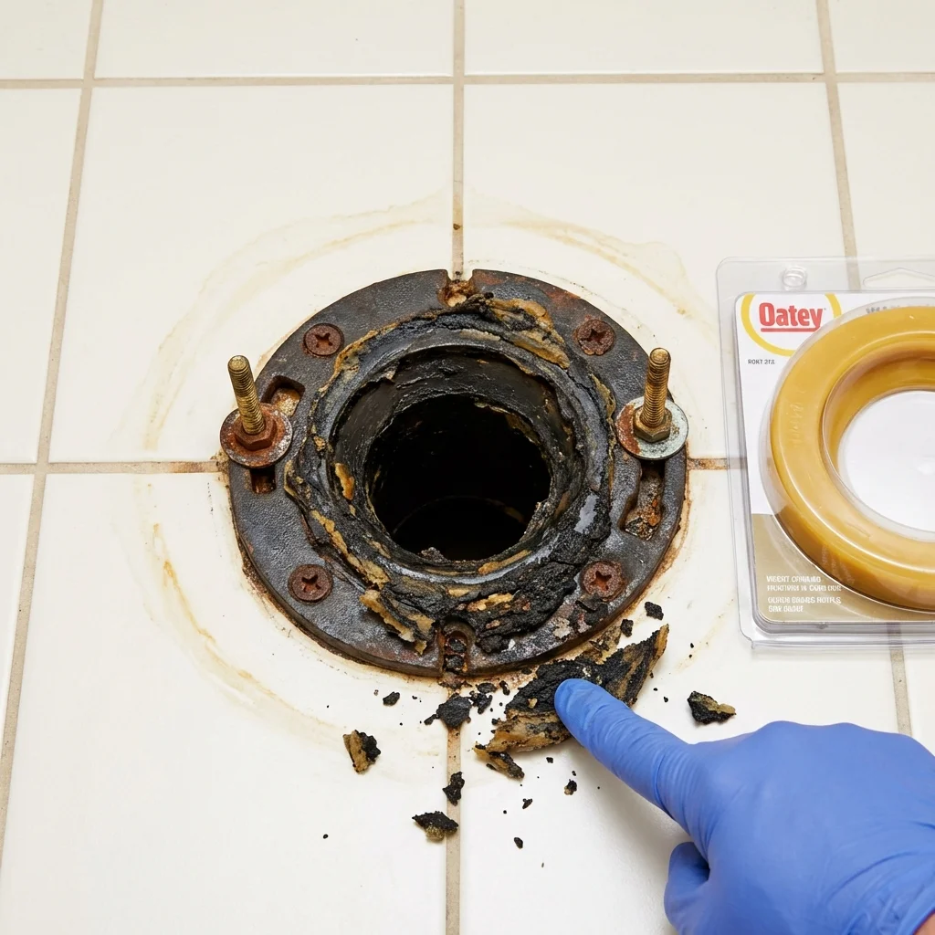 Failed wax ring showing water seepage at the base of a toilet in a Owosso, MI home