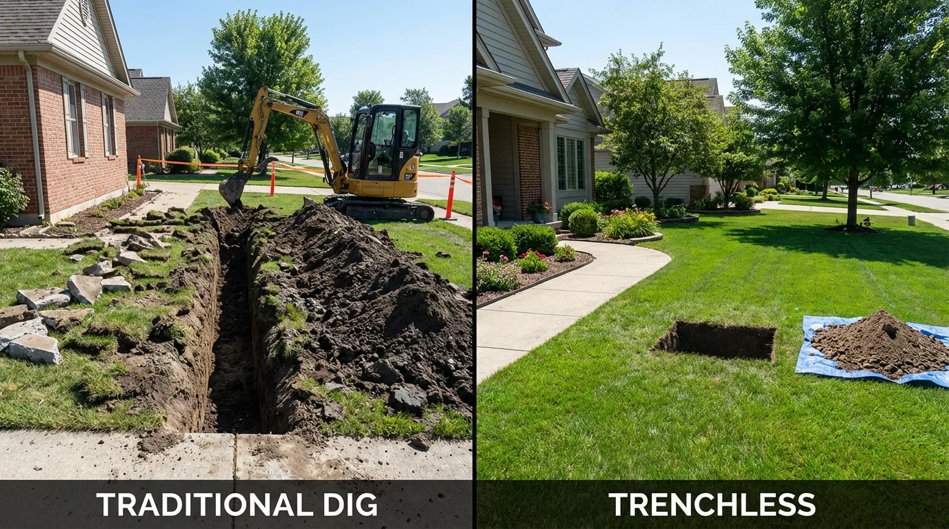 Trenchless sewer repair with minimal yard damage versus traditional excavation in Owosso, MI