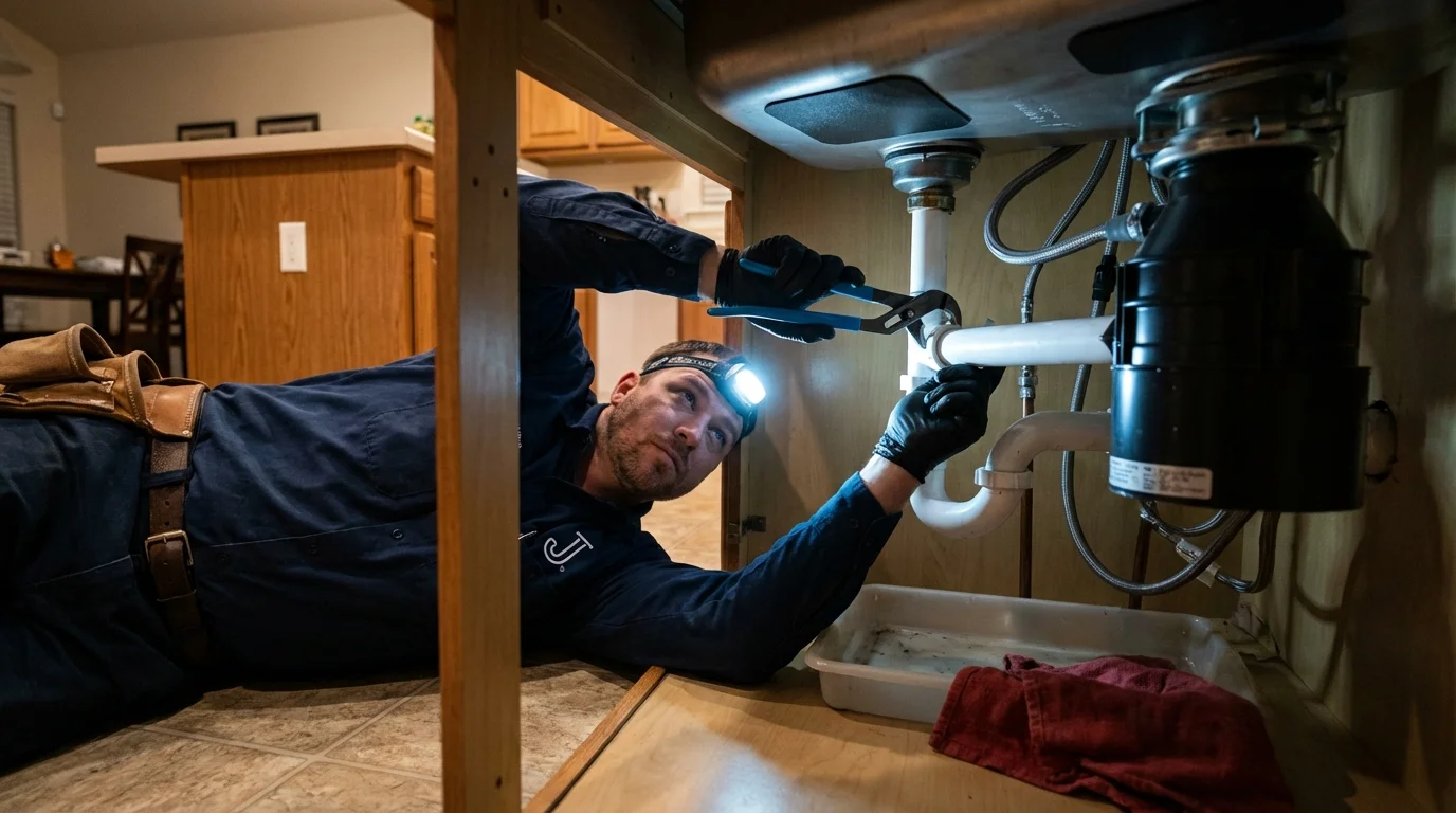 P-trap and supply line connections under a kitchen sink showing a common leak point in Owosso, MI